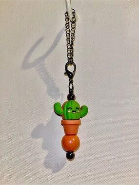 Smiling Green Cactus Cup Charm with Terracotta Pot & Iridescent Bead